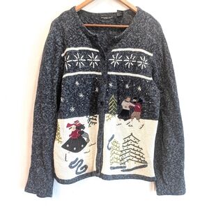 VINTAGE Reference Point Women's Winter Skating Scene Blue Knit Cardigan Sweater